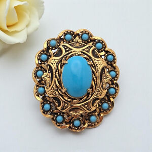 Antique West Germany Ornate Goldtone Turquoise Glass Rhinestone Brooch. Filigree